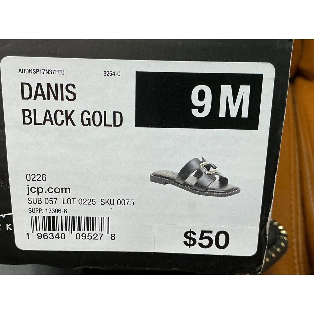 Nicole Miller Danis‎ Slide Sandals Womens 9 Black Gold Buckle Studded